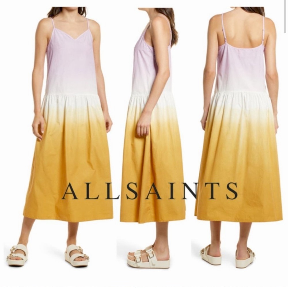 All Saints Caro Dip Dye Midi Summer Dress In Lilac White Merigold yellow 2 small